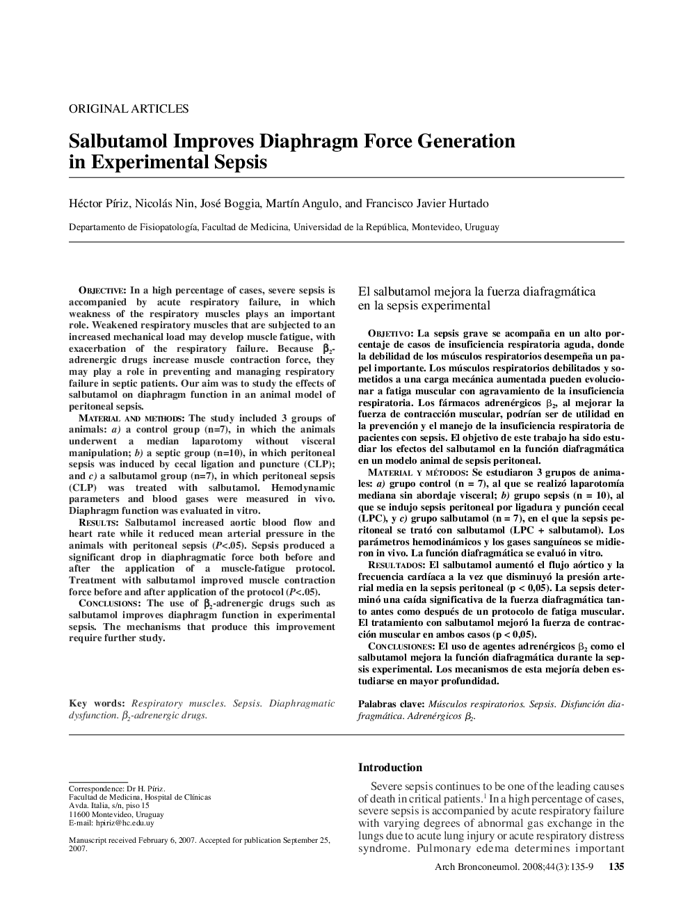 Salbutamol Improves Diaphragm Force Generation in Experimental Sepsis