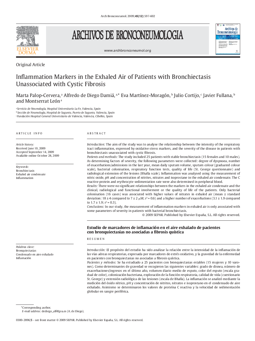 Inflammation Markers in the Exhaled Air of Patients with Bronchiectasis Unassociated with Cystic Fibrosis