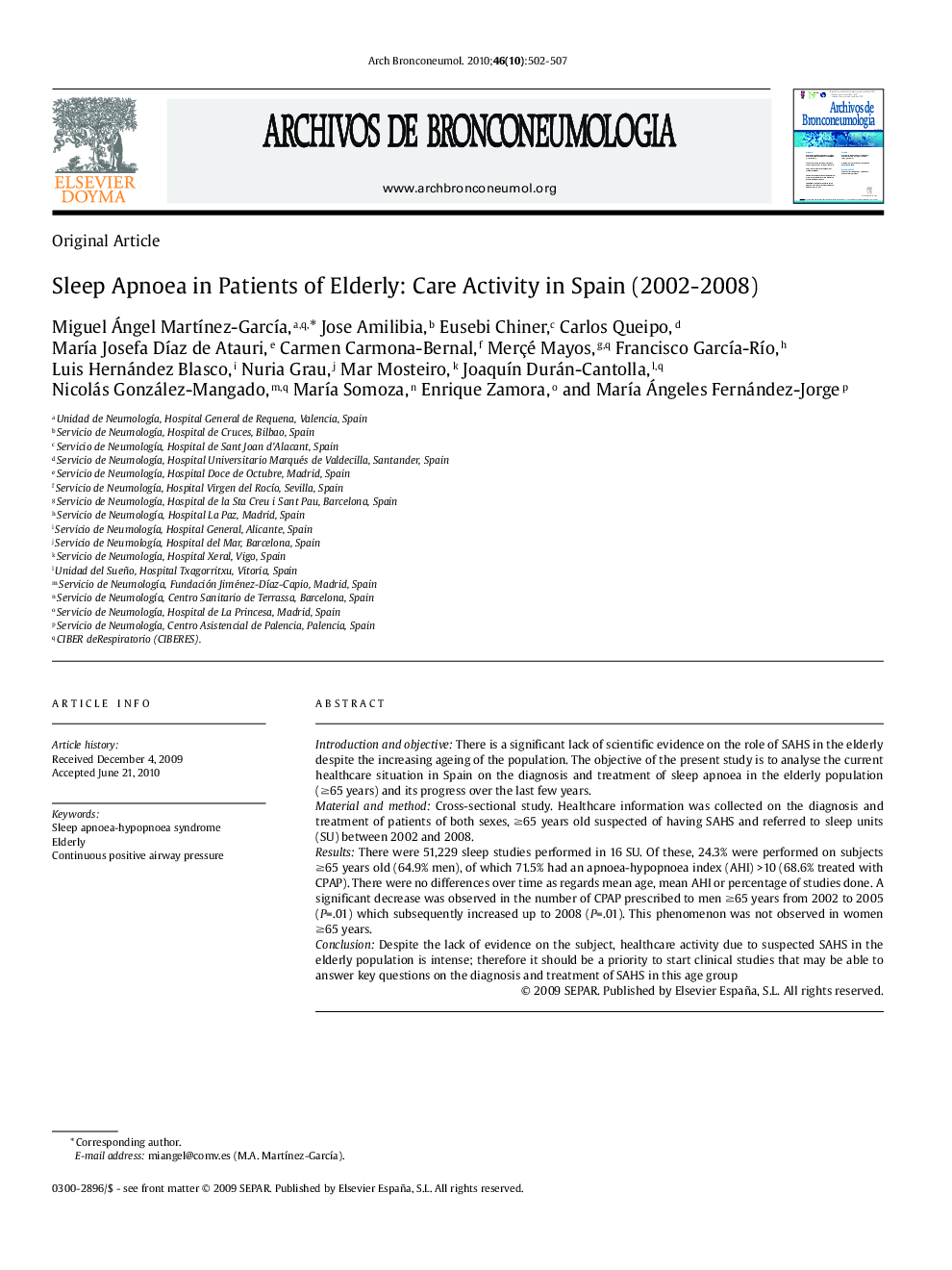 Sleep Apnoea in Patients of Elderly: Care Activity in Spain (2002-2008)