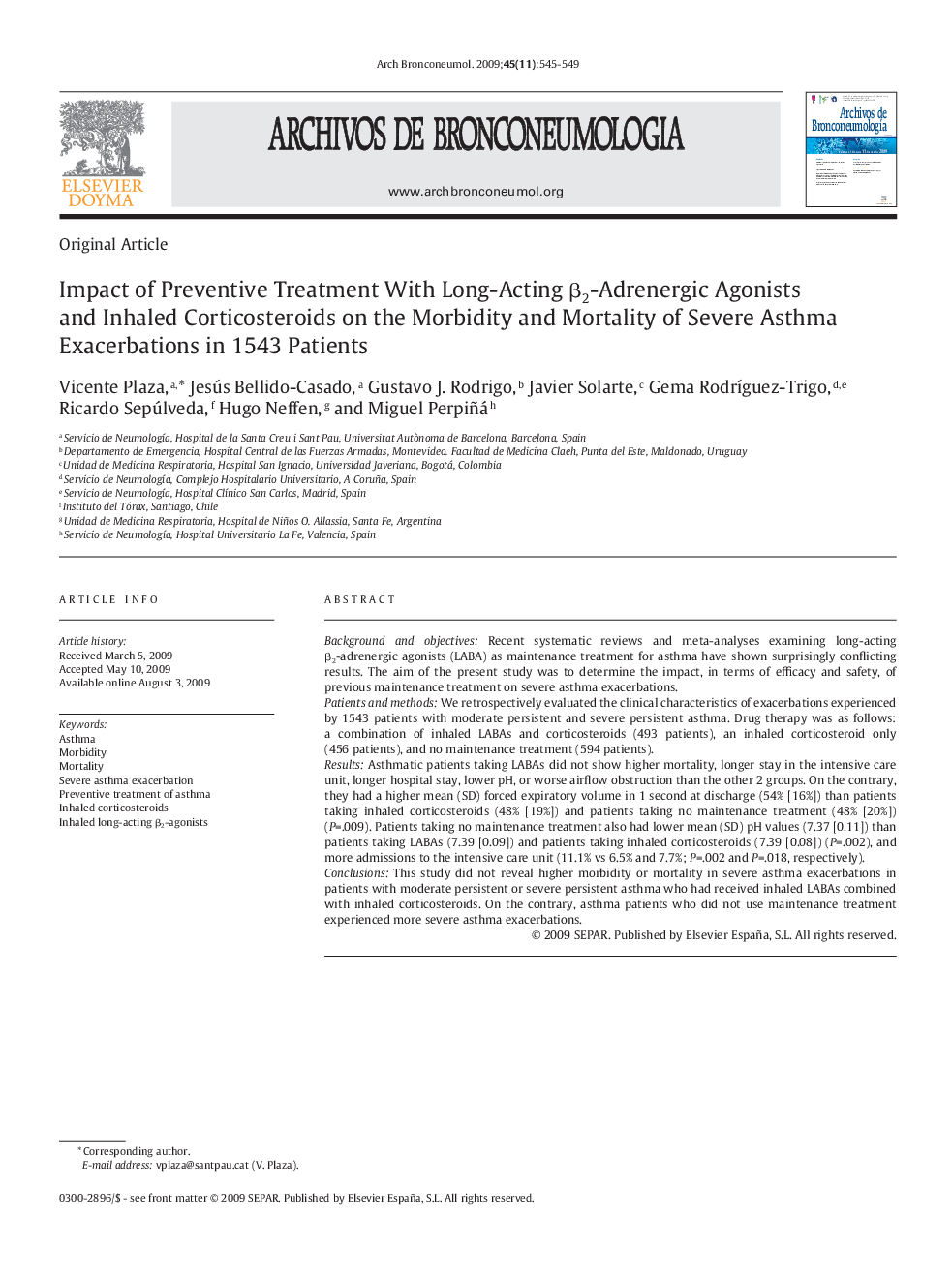 Impact of Preventive Treatment With Long-Acting β2-Adrenergic Agonists and Inhaled Corticosteroids on the Morbidity and Mortality of Severe Asthma Exacerbations in 1543 Patients