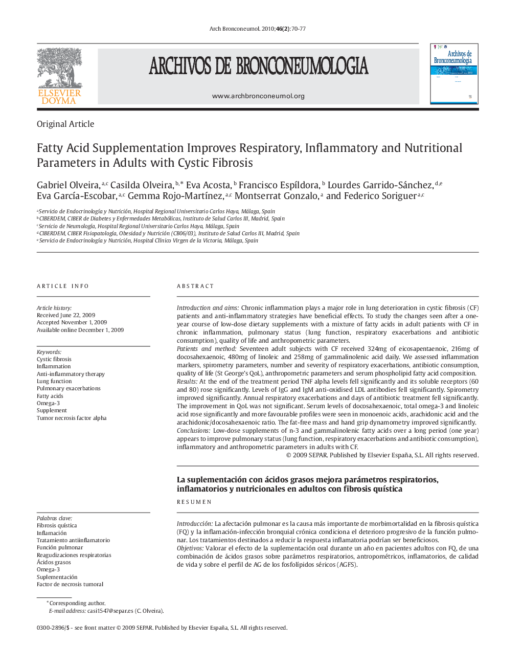 عکس صفحه اول مقاله: Fatty Acid Supplementation Improves Respiratory, Inflammatory and Nutritional Parameters in Adults with Cystic Fibrosis Fatty Acid Supplementation Improves Respiratory, Inflammatory and Nutritional Parameters in Adults with Cystic Fibrosis