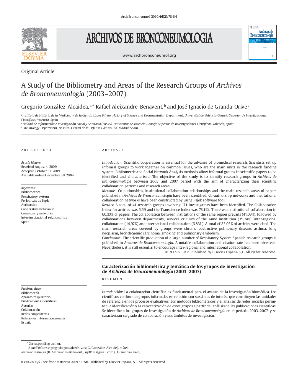 A Study of the Bibliometry and Areas of the Research Groups of Archivos de Bronconeumología (2003–2007)