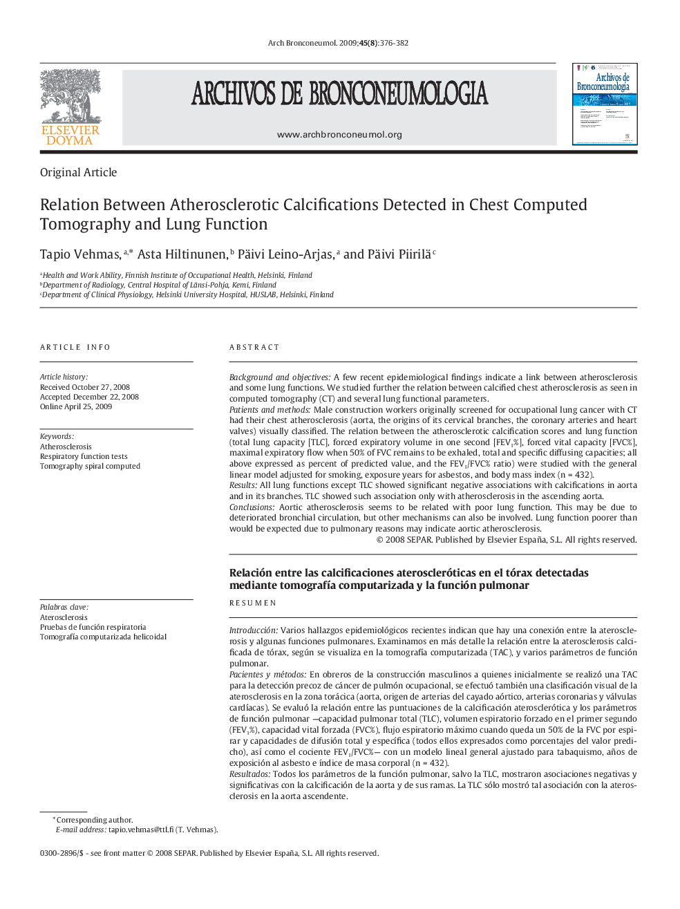 Relation Between Atherosclerotic Calcifications Detected in Chest Computed Tomography and Lung Function