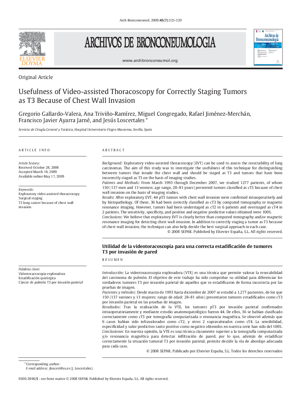 Usefulness of Video-assisted Thoracoscopy for Correctly Staging Tumors as T3 Because of Chest Wall Invasion