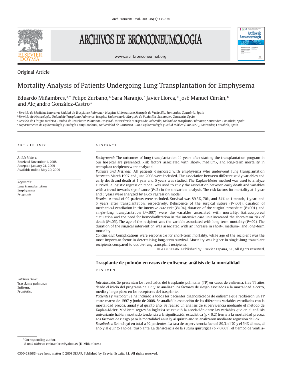 Mortality Analysis of Patients Undergoing Lung Transplantation for Emphysema