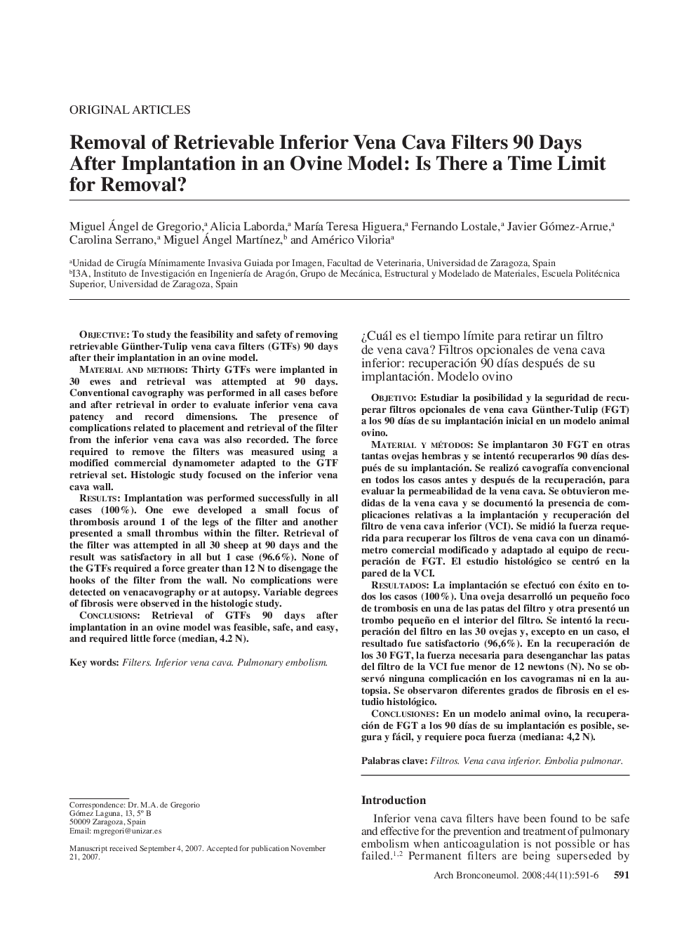 Removal of Retrievable Inferior Vena Cava Filters 90 Days After Implantation in an Ovine Model: Is There a Time Limit for Removal?