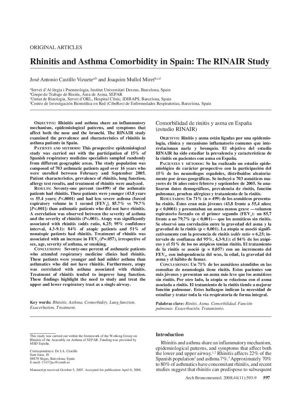 Rhinitis and Asthma Comorbidity in Spain: The RINAIR Study 