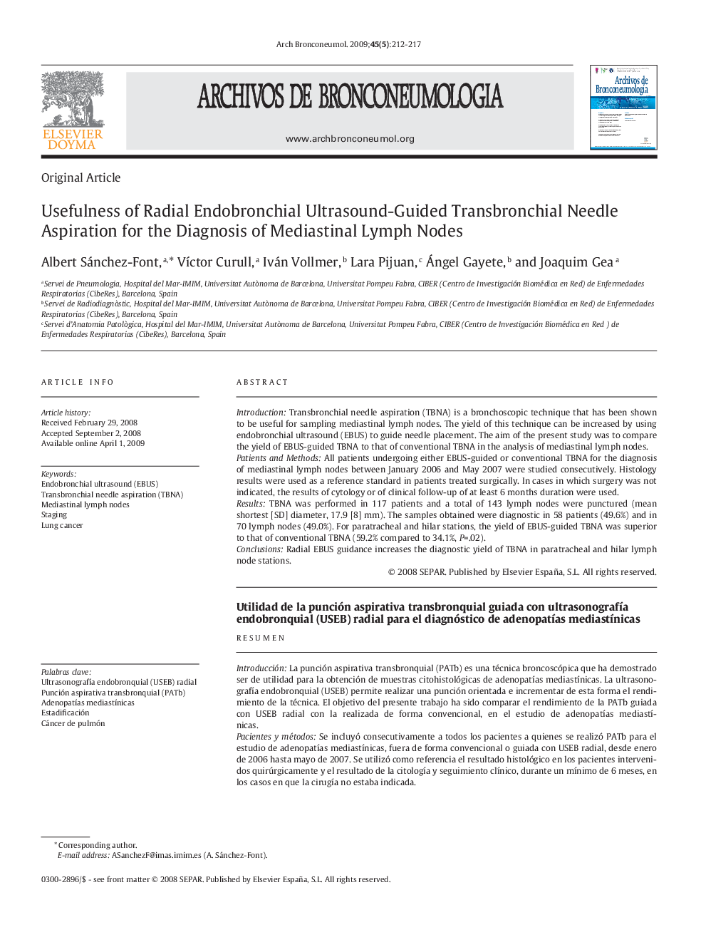 Usefulness of Radial Endobronchial Ultrasound-Guided Transbronchial Needle Aspiration for the Diagnosis of Mediastinal Lymph Nodes