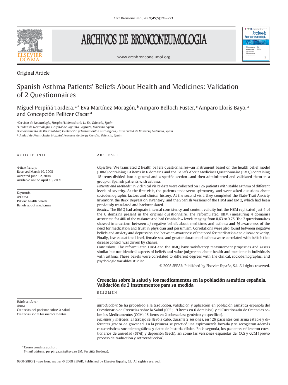 Spanish Asthma Patients’ Beliefs About Health and Medicines: Validation of 2 Questionnaires