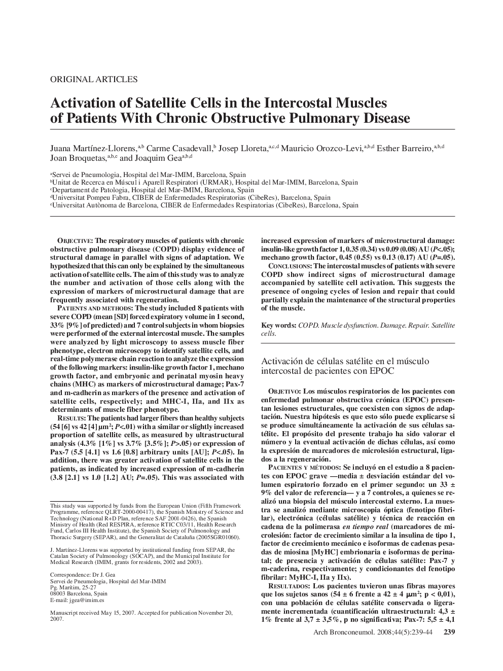 Activation of Satellite Cells in the Intercostal Muscles of Patients With Chronic Obstructive Pulmonary Disease 