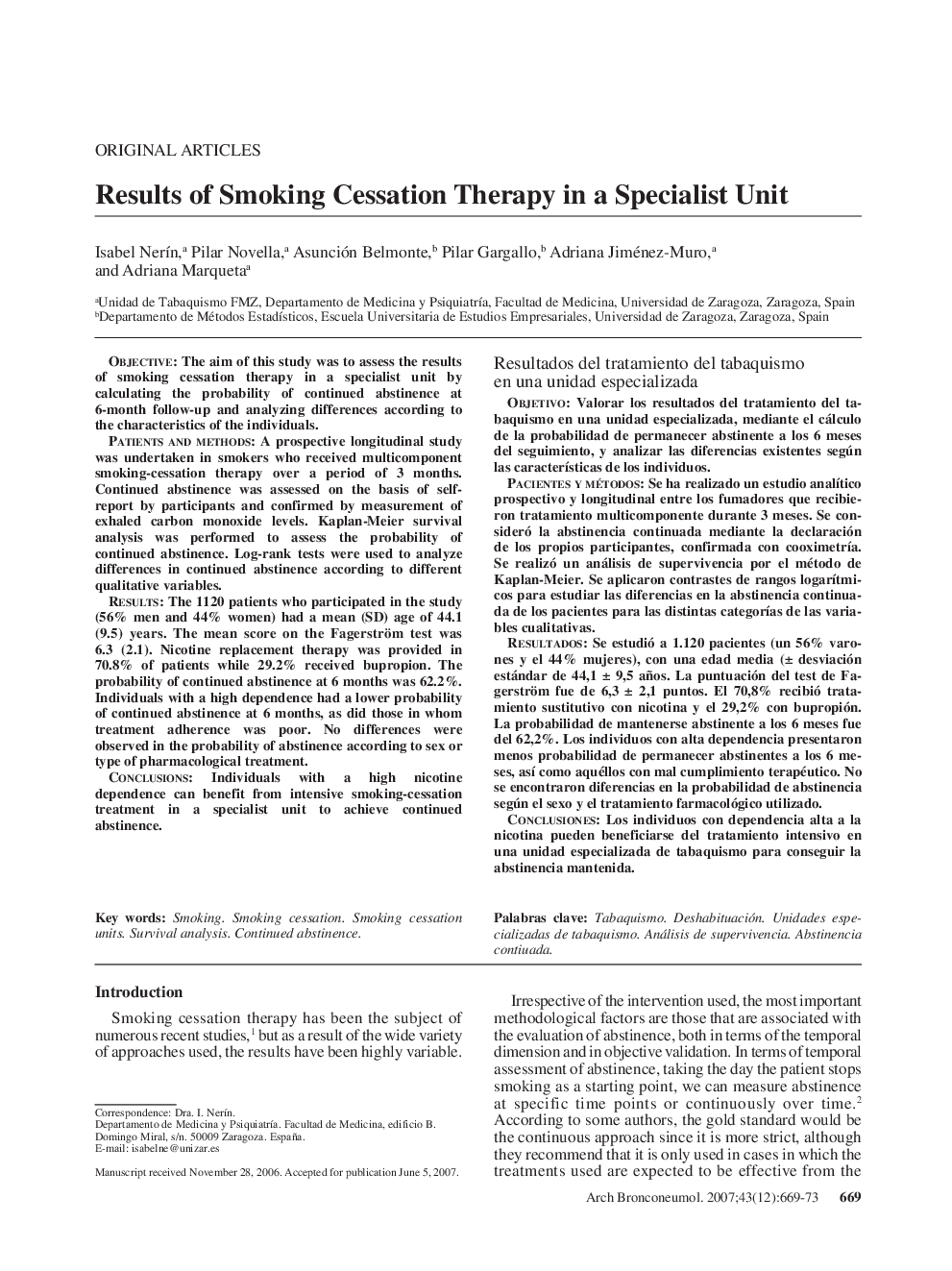 Results of Smoking Cessation Therapy in a Specialist Unit