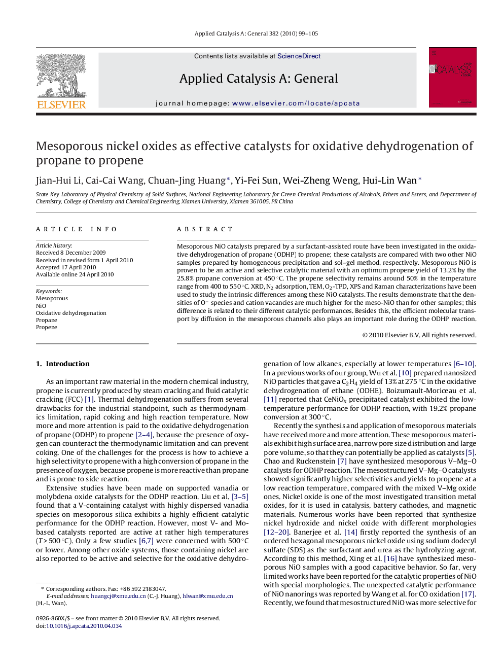 Mesoporous nickel oxides as effective catalysts for oxidative dehydrogenation of propane to propene