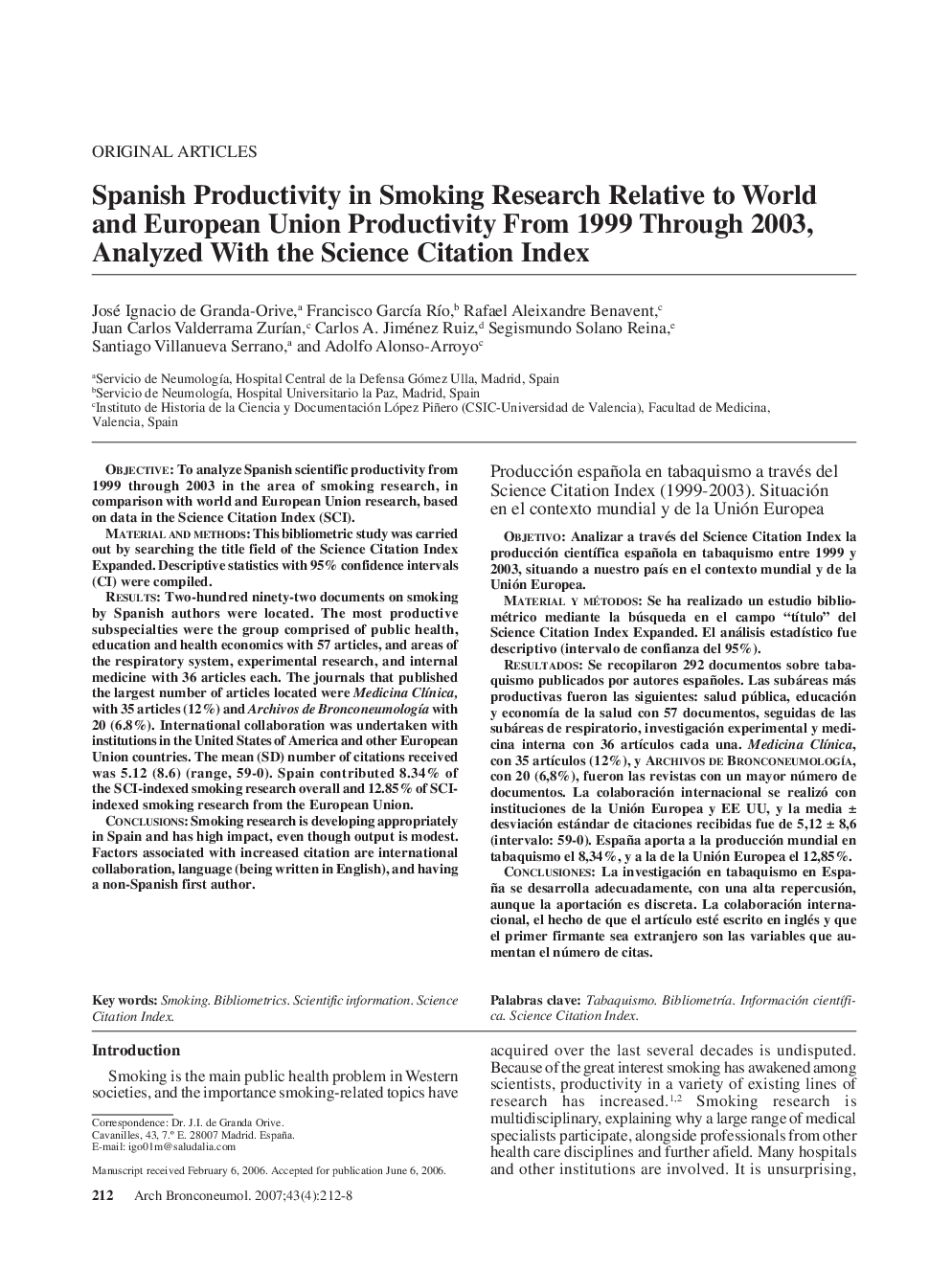 Spanish Productivity in Smoking Research Relative to World and European Union Productivity From 1999 Through 2003, Analyzed With the Science Citation Index