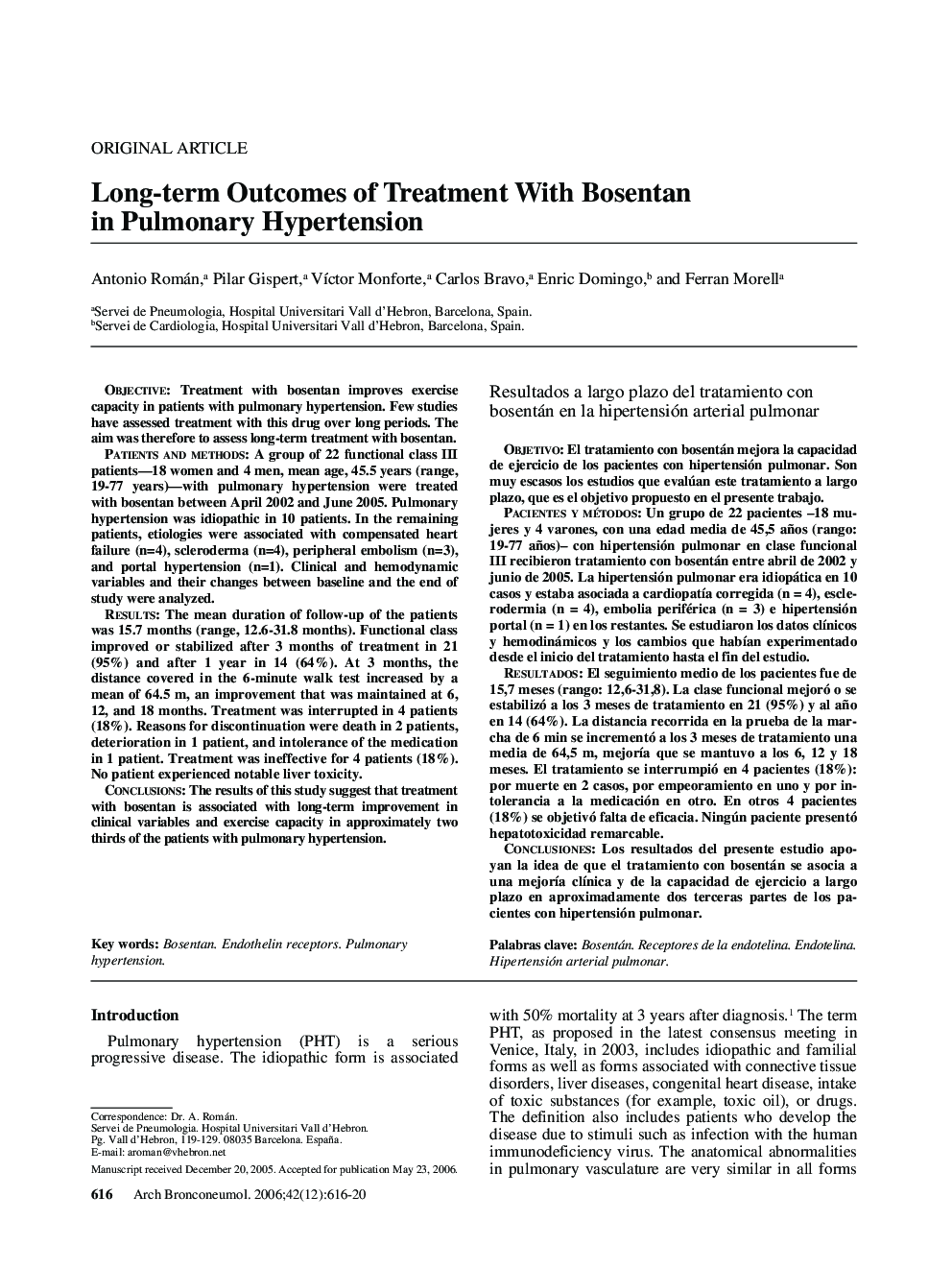 Long-term Outcomes of Treatment With Bosentan in Pulmonary Hypertension