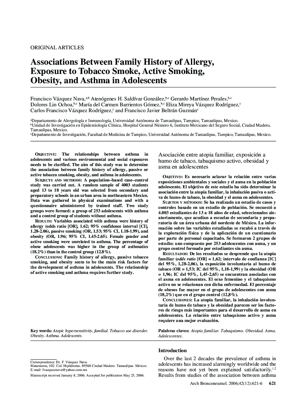 Associations Between Family History of Allergy, Exposure to Tobacco Smoke, Active Smoking, Obesity, and Asthma in Adolescents