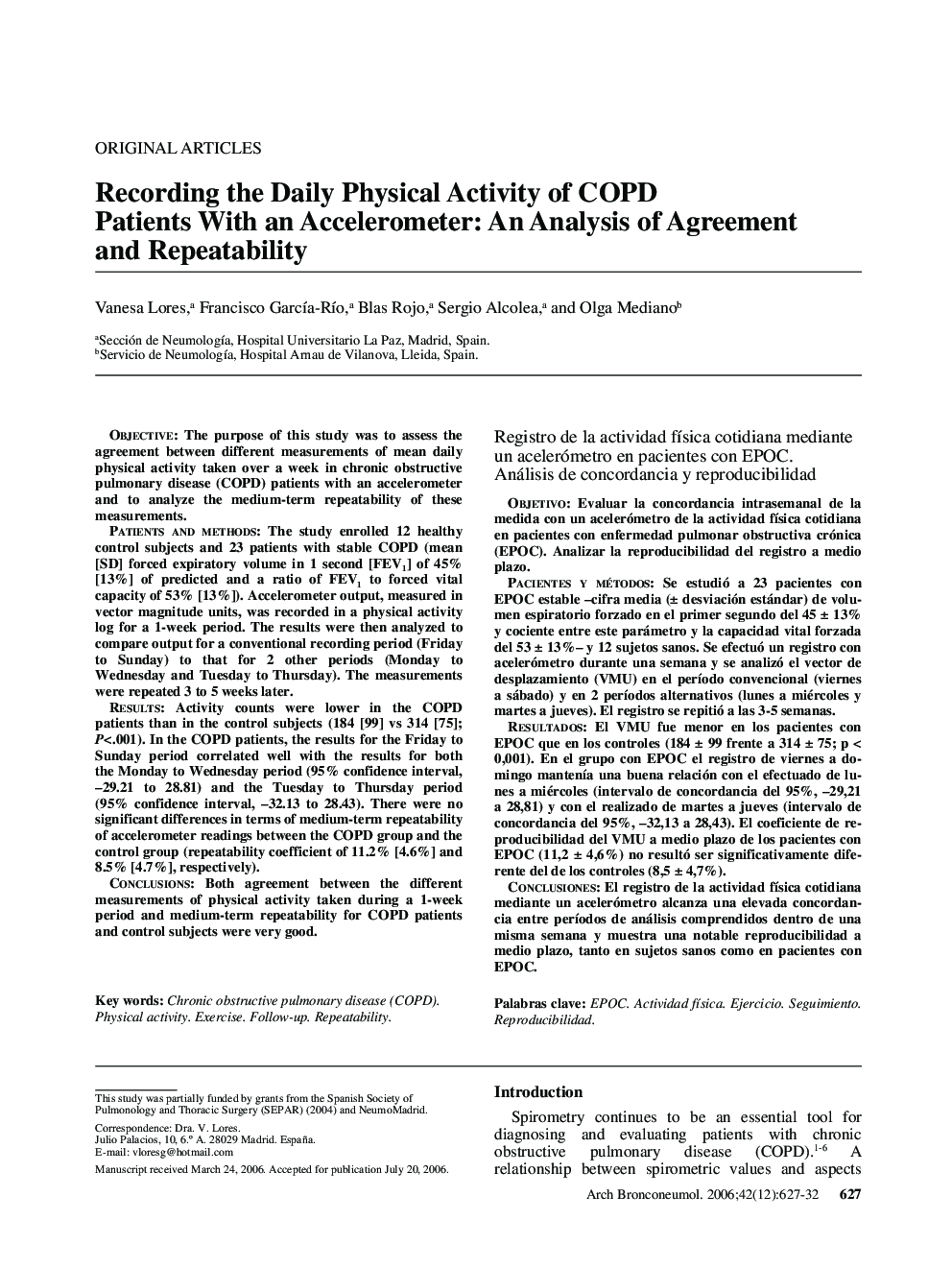 Recording the Daily Physical Activity of COPD Patients With an Accelerometer: An Analysis of Agreement and Repeatability 