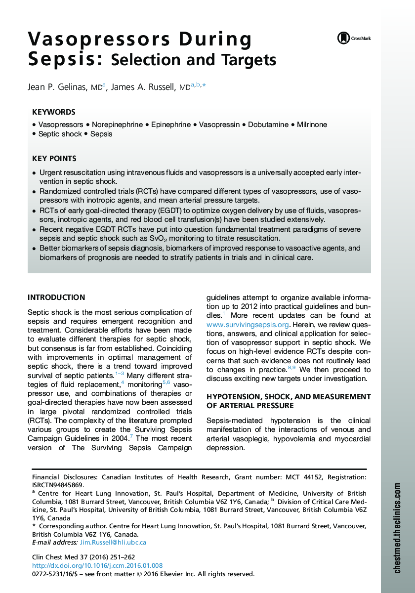 Vasopressors During Sepsis