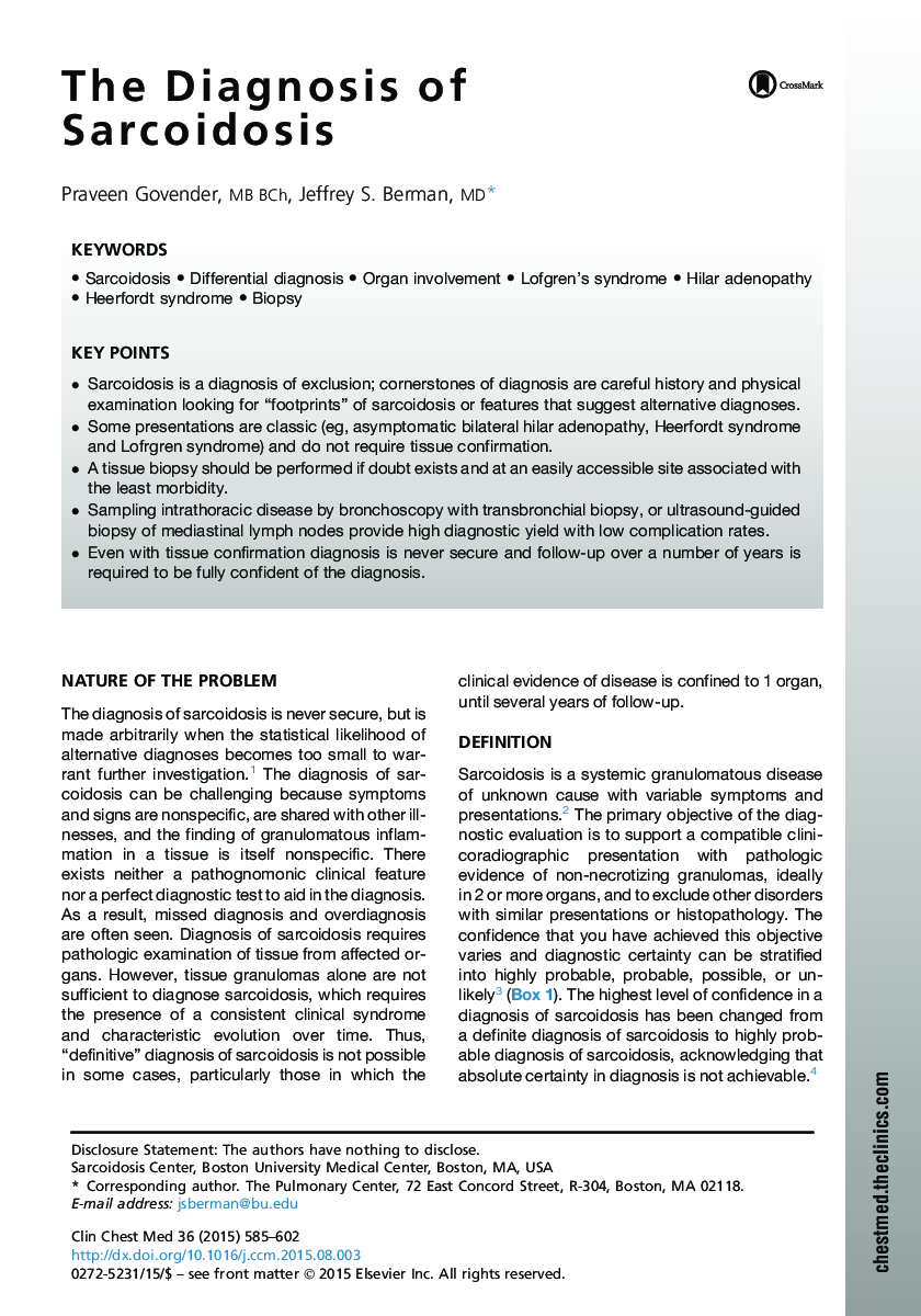 The Diagnosis of Sarcoidosis