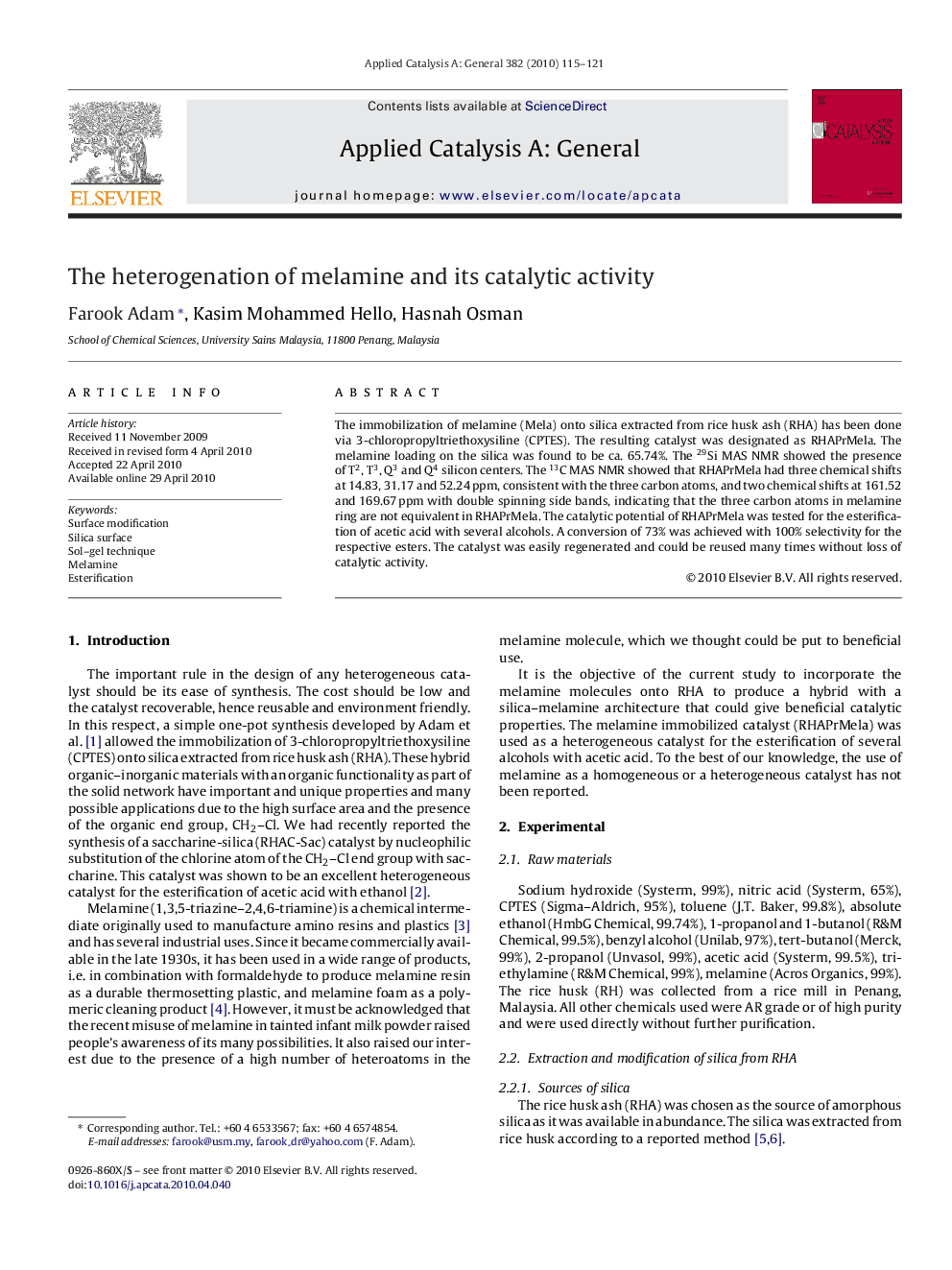 The heterogenation of melamine and its catalytic activity