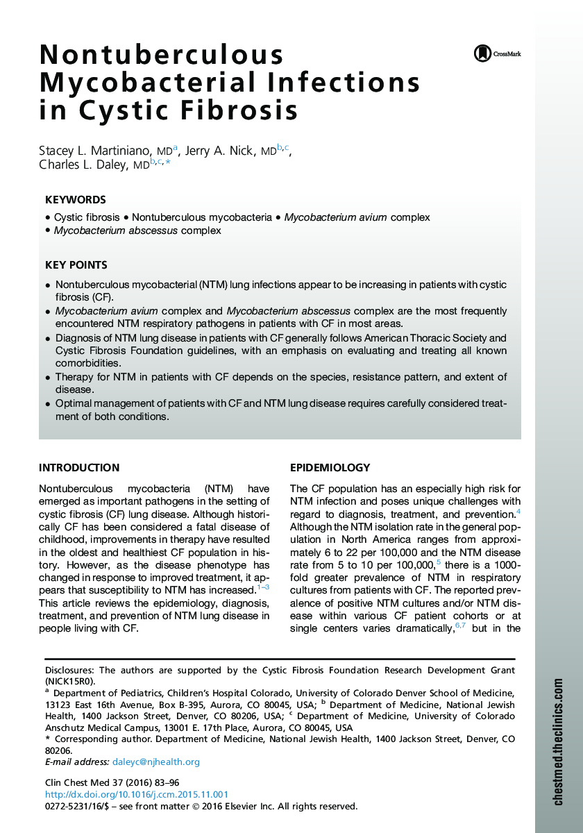 Nontuberculous Mycobacterial Infections in Cystic Fibrosis