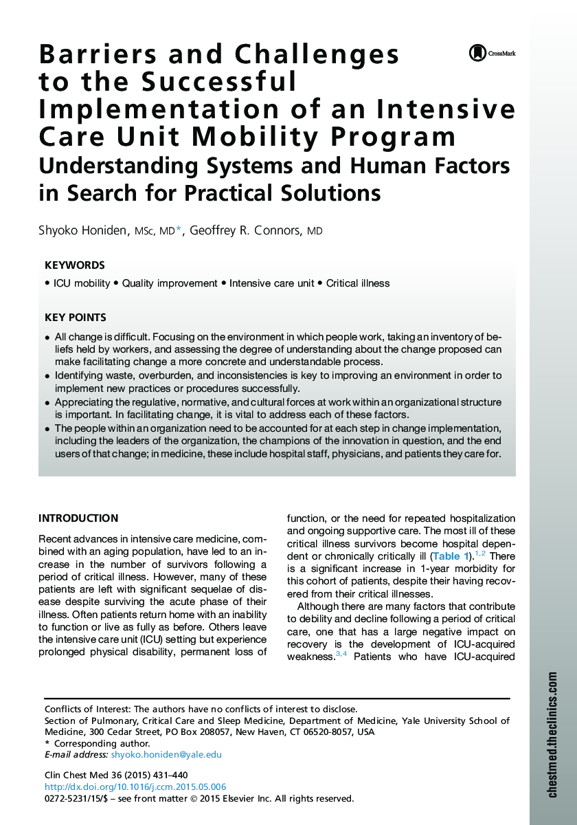 Barriers and Challenges to the Successful Implementation of an Intensive Care Unit Mobility Program