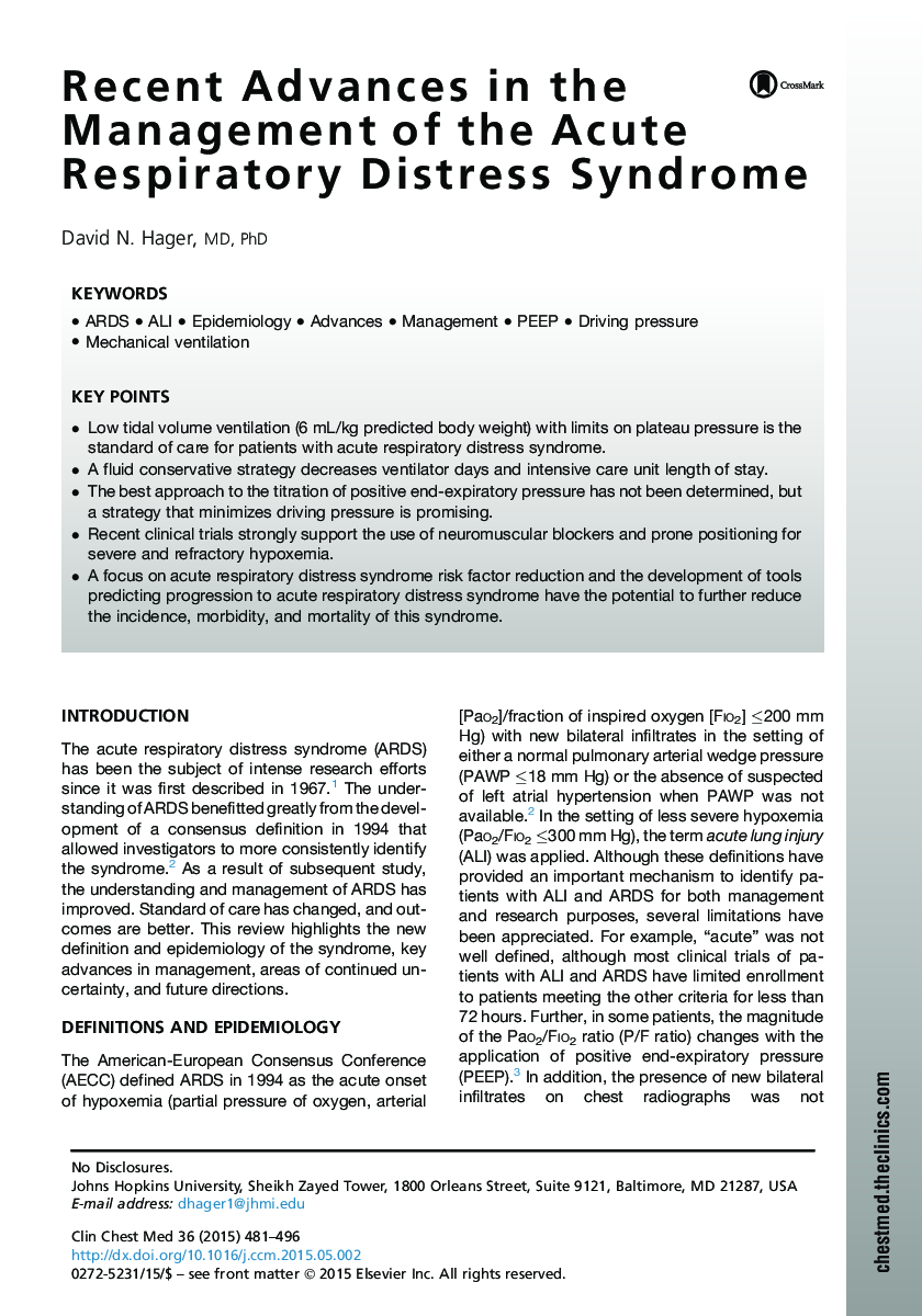 Recent Advances in the Management of the Acute Respiratory Distress Syndrome