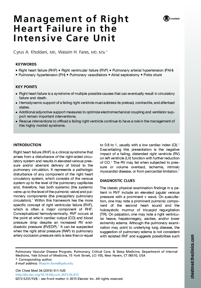 Management of Right Heart Failure in the Intensive Care Unit