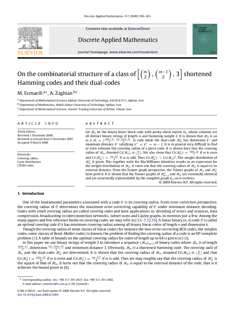 On the combinatorial structure of a class of [m2,m−12,3] shortened Hamming codes and their dual-codes