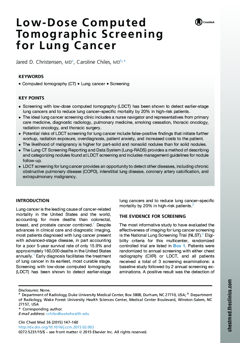 Low-Dose Computed Tomographic Screening for Lung Cancer