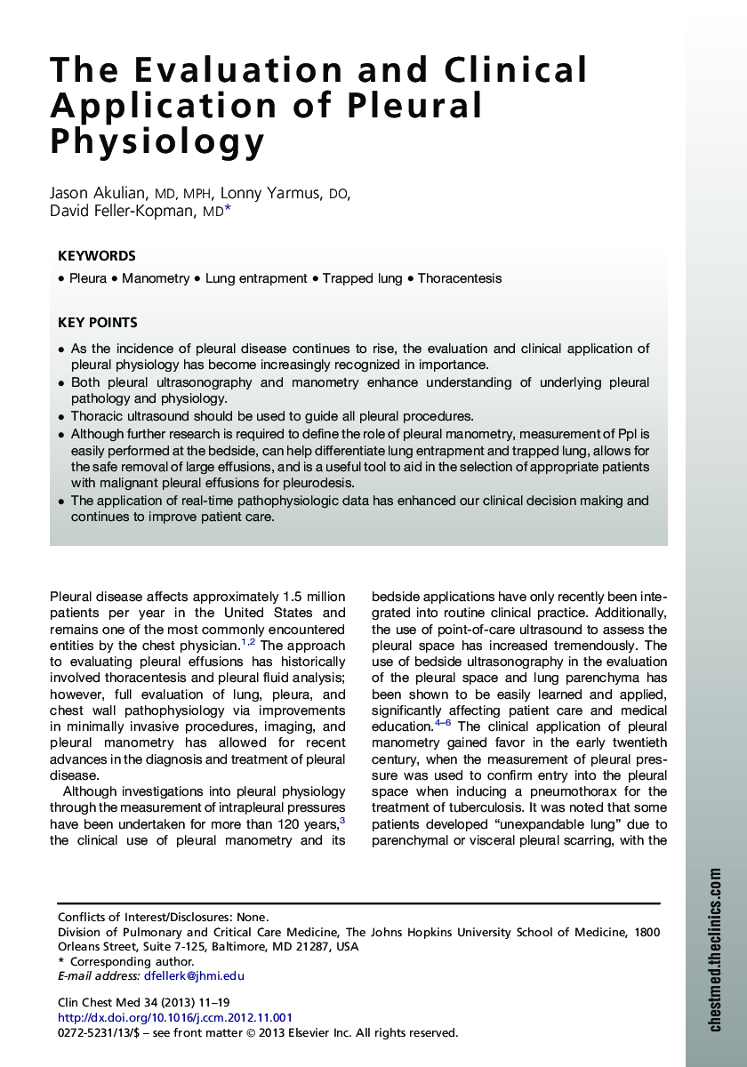 The Evaluation and Clinical Application of Pleural Physiology