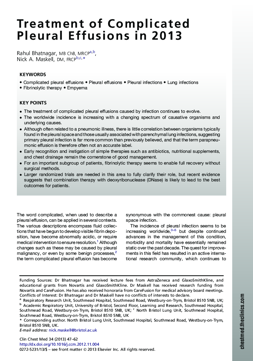 Treatment of Complicated Pleural Effusions in 2013