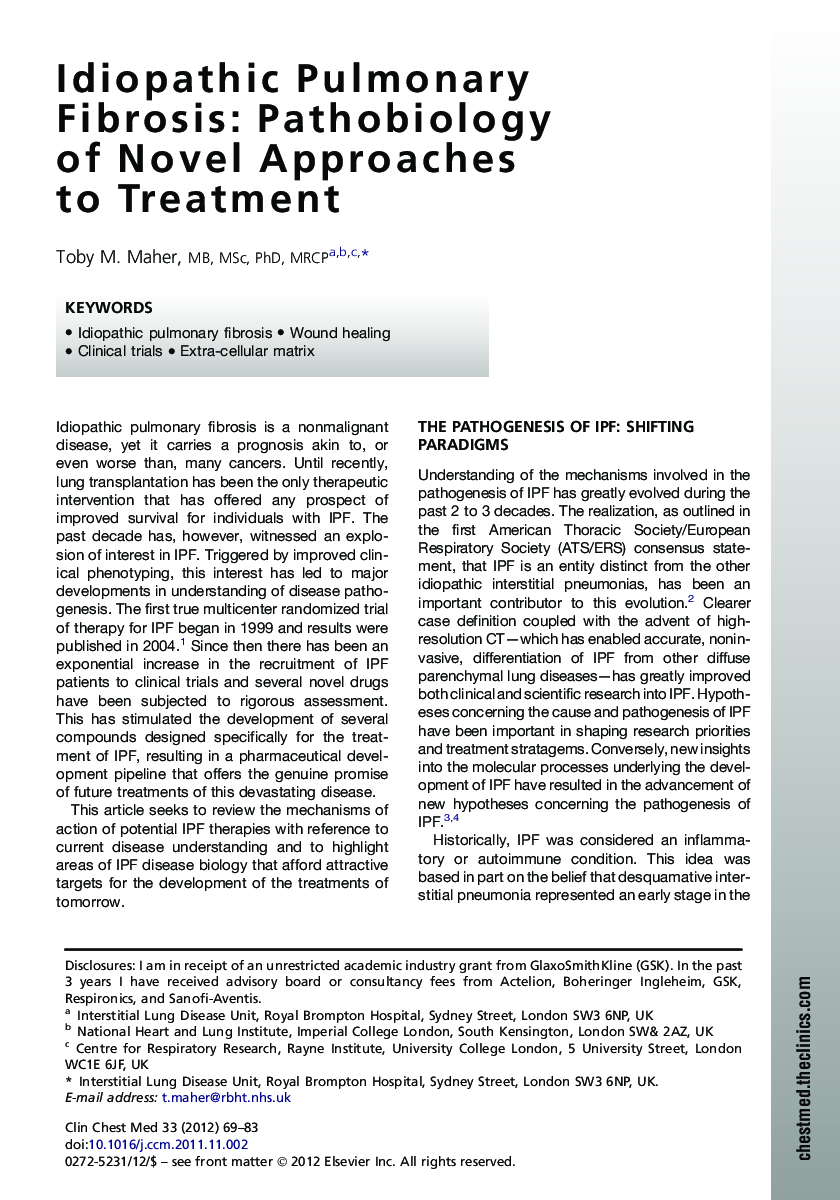 Idiopathic Pulmonary Fibrosis: Pathobiology of Novel Approaches to Treatment