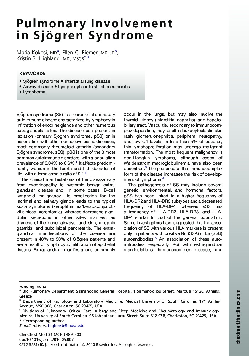 Pulmonary Involvement in Sjögren Syndrome