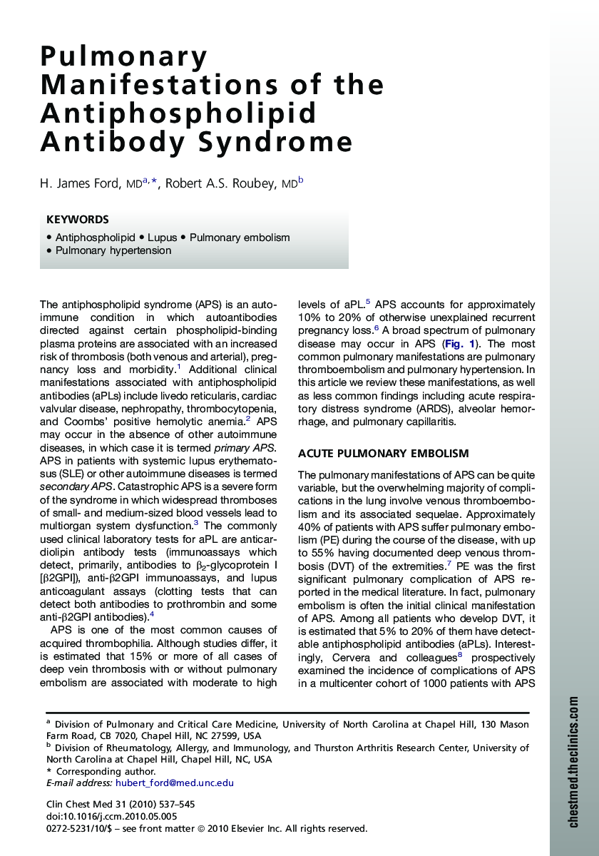 Pulmonary Manifestations of the Antiphospholipid Antibody Syndrome