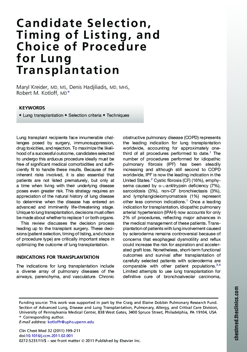 Candidate Selection, Timing of Listing, and Choice of Procedure for Lung Transplantation