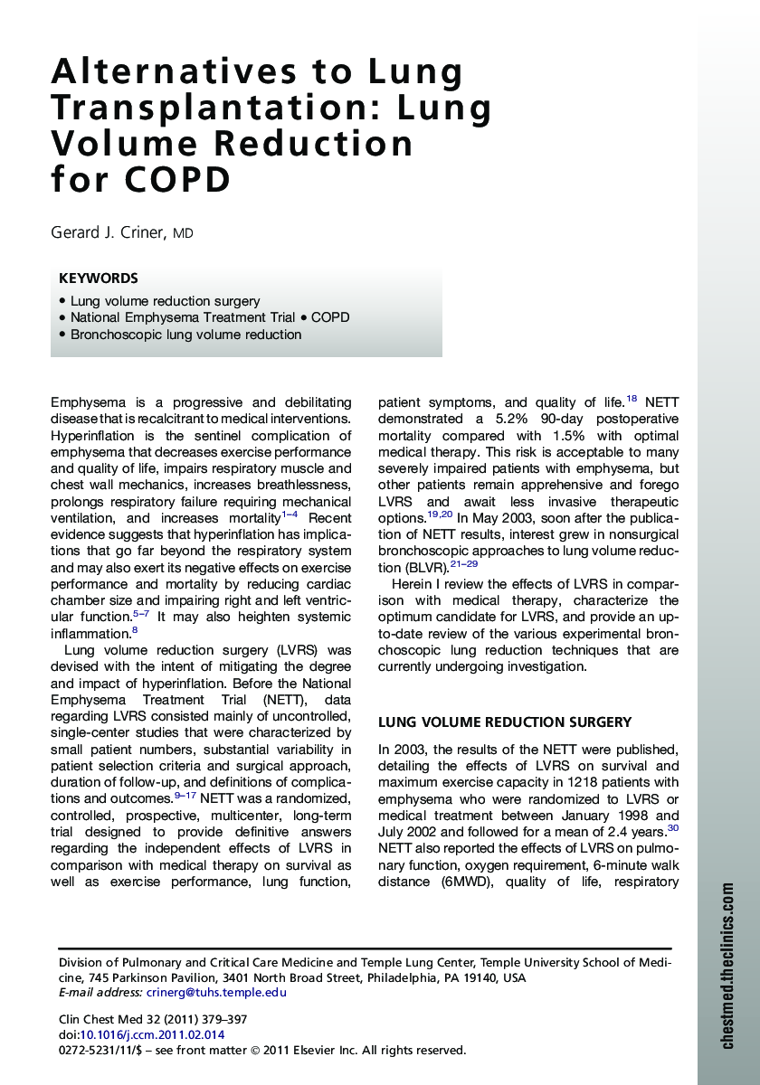 Alternatives to Lung Transplantation: Lung Volume Reduction for COPD