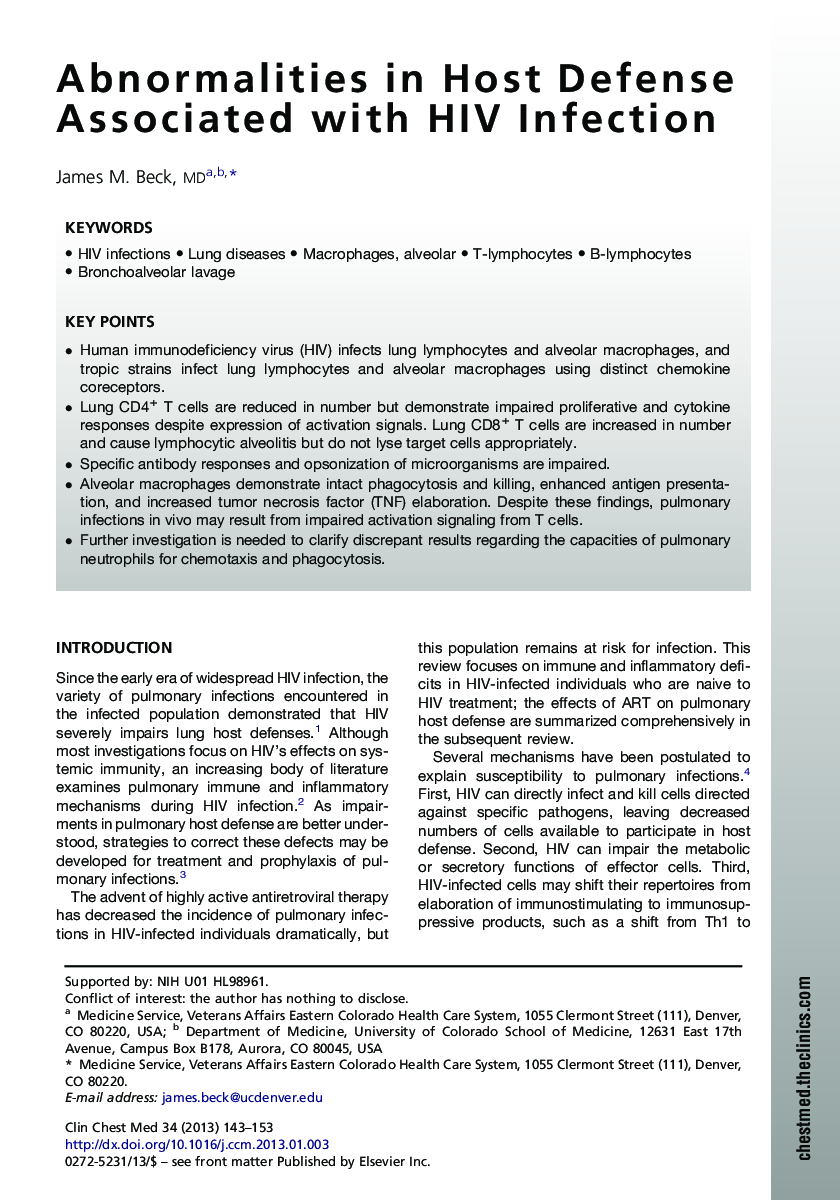 Abnormalities in Host Defense Associated with HIV Infection