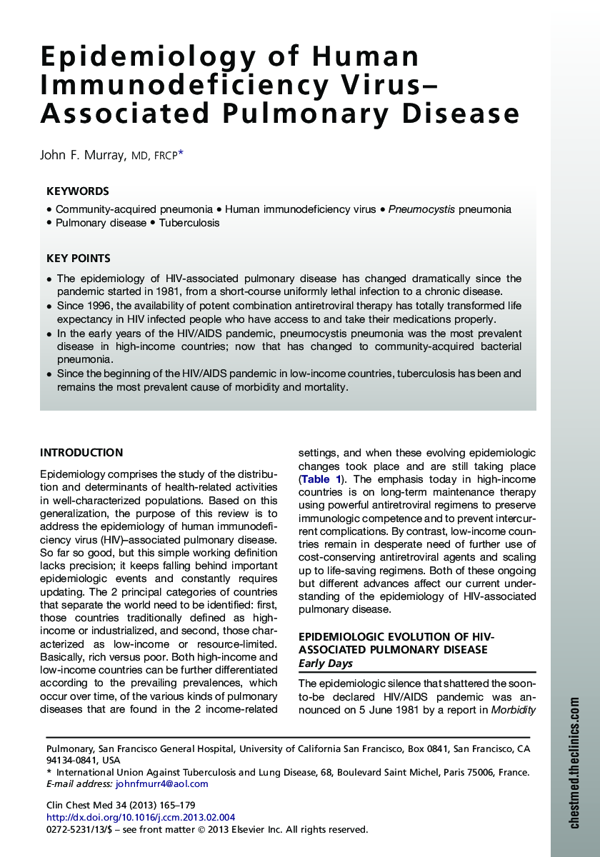 Epidemiology of Human Immunodeficiency Virus-Associated Pulmonary Disease