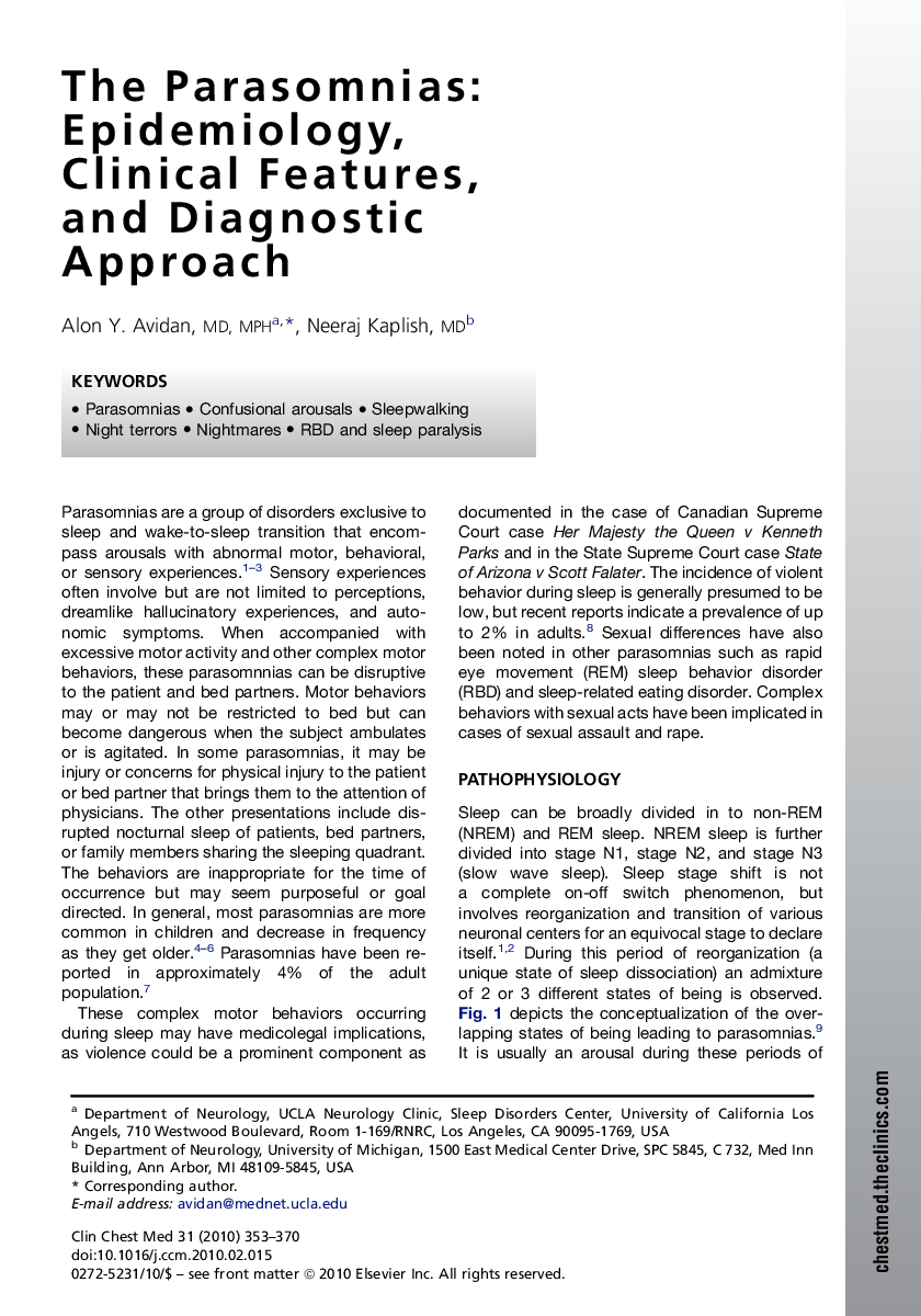 The Parasomnias: Epidemiology, Clinical Features, and Diagnostic Approach