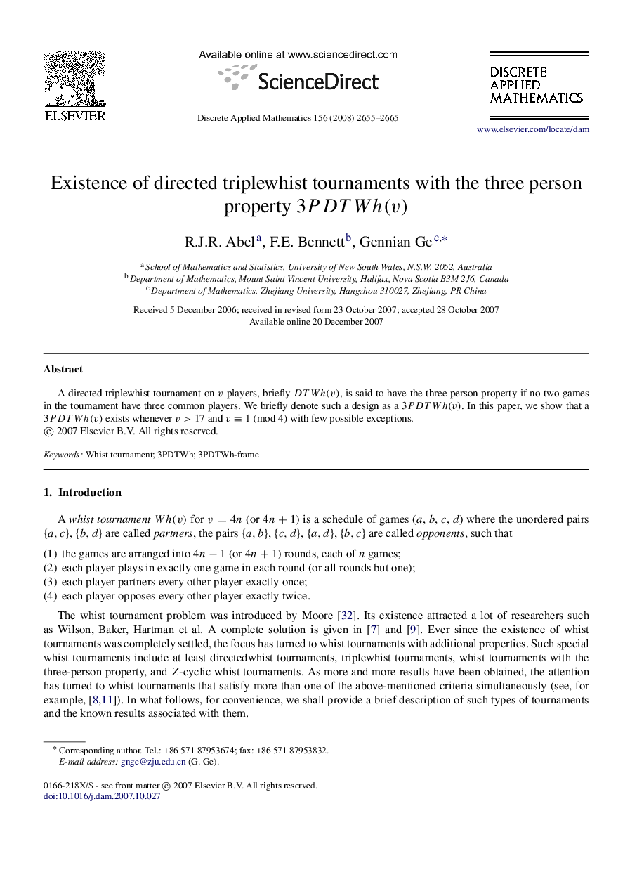 Existence of directed triplewhist tournaments with the three person property 3PDTWh(v)3PDTWh(v)