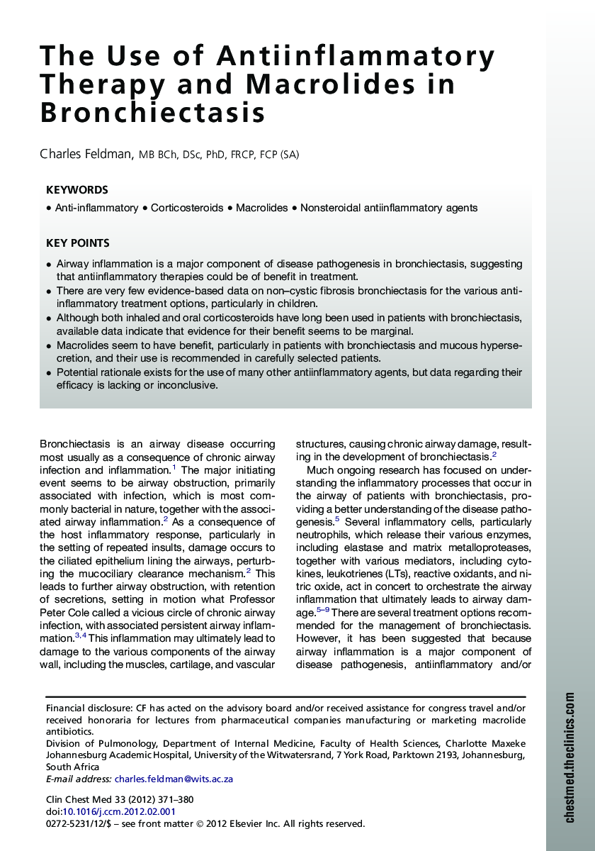 The Use of Antiinflammatory Therapy and Macrolides in Bronchiectasis