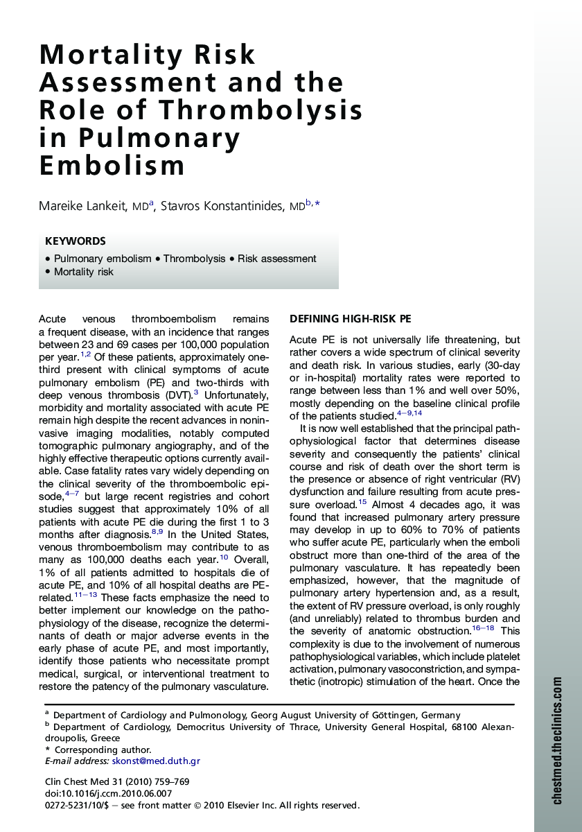 Mortality Risk Assessment and the Role of Thrombolysis in Pulmonary Embolism