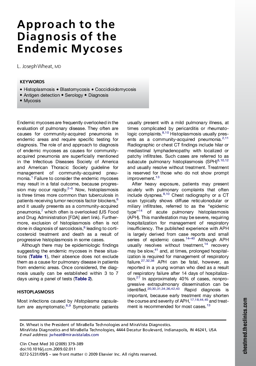 Approach to the Diagnosis of the Endemic Mycoses