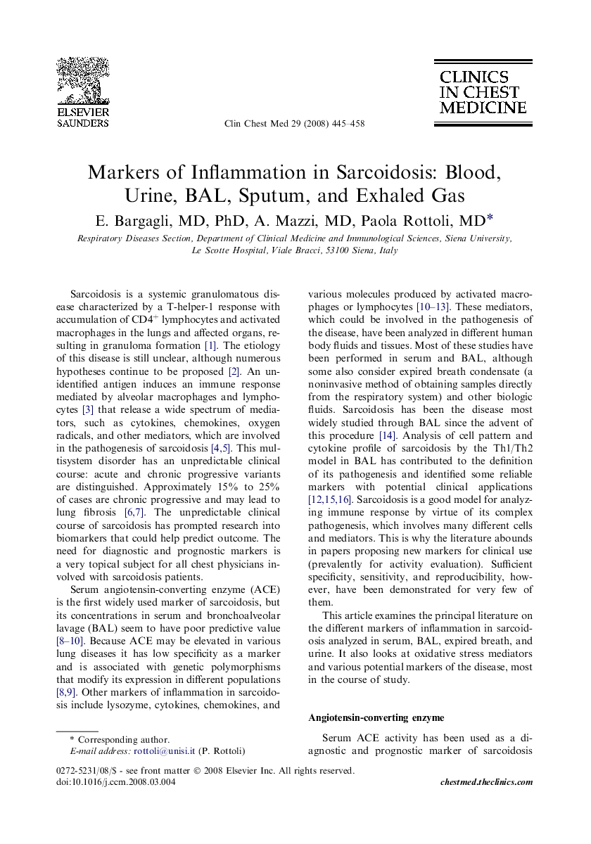 Markers of Inflammation in Sarcoidosis: Blood, Urine, BAL, Sputum, and Exhaled Gas