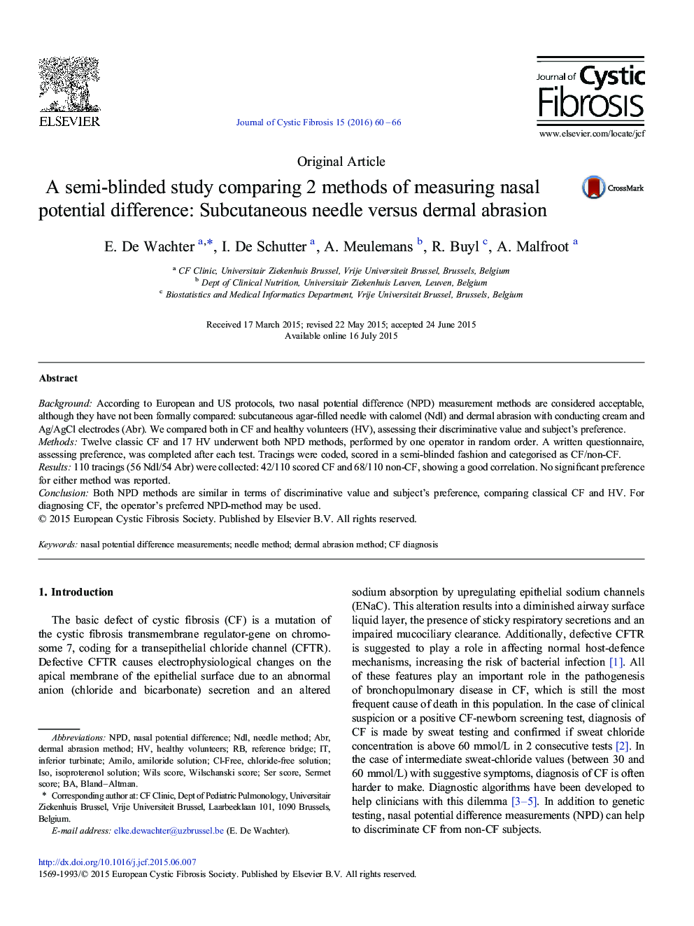 A semi-blinded study comparing 2 methods of measuring nasal potential difference: Subcutaneous needle versus dermal abrasion