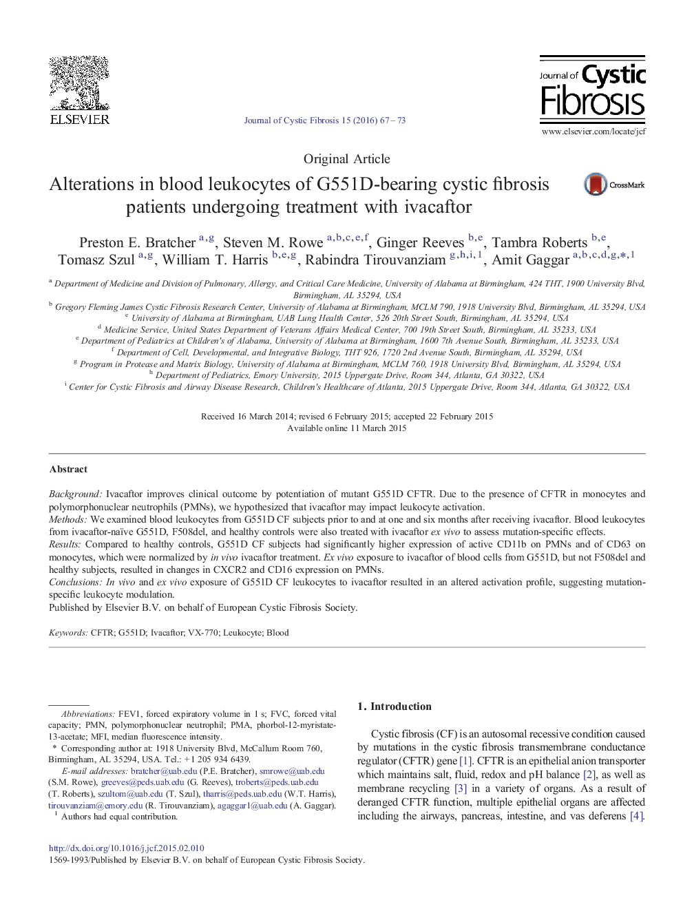 Alterations in blood leukocytes of G551D-bearing cystic fibrosis patients undergoing treatment with ivacaftor