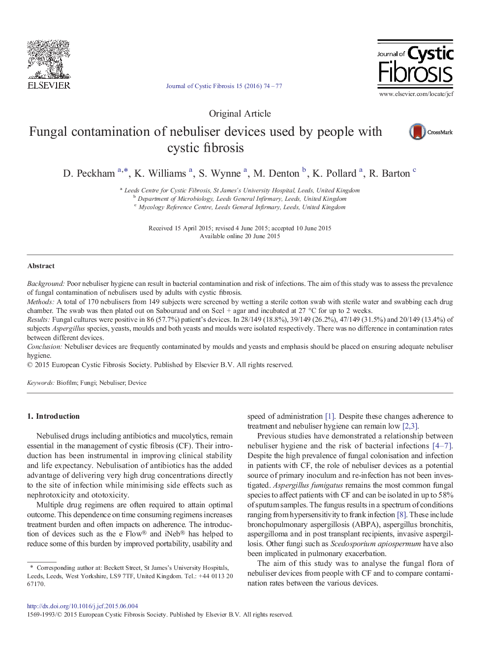 Fungal contamination of nebuliser devices used by people with cystic fibrosis