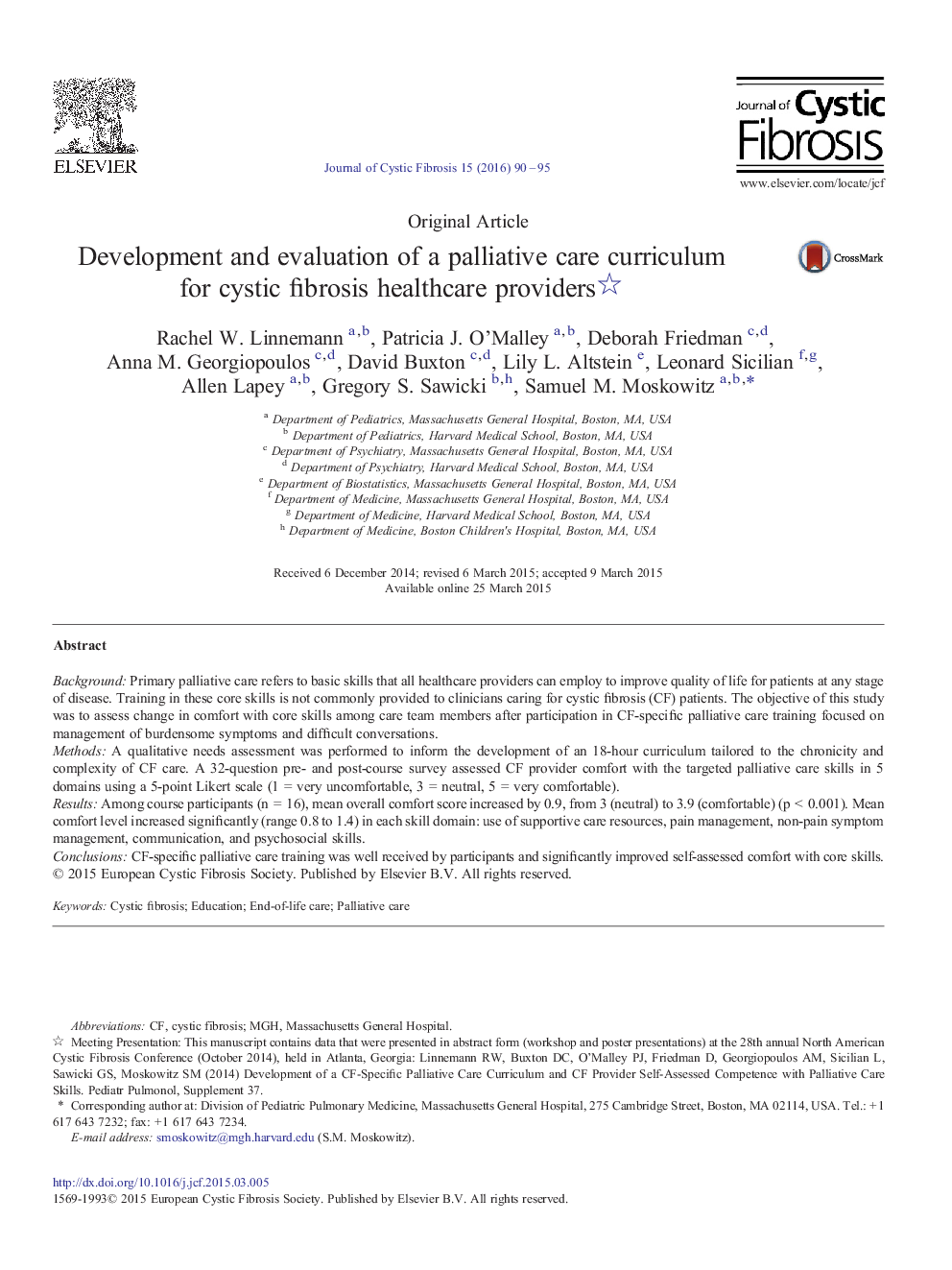 Development and evaluation of a palliative care curriculum for cystic fibrosis healthcare providers 