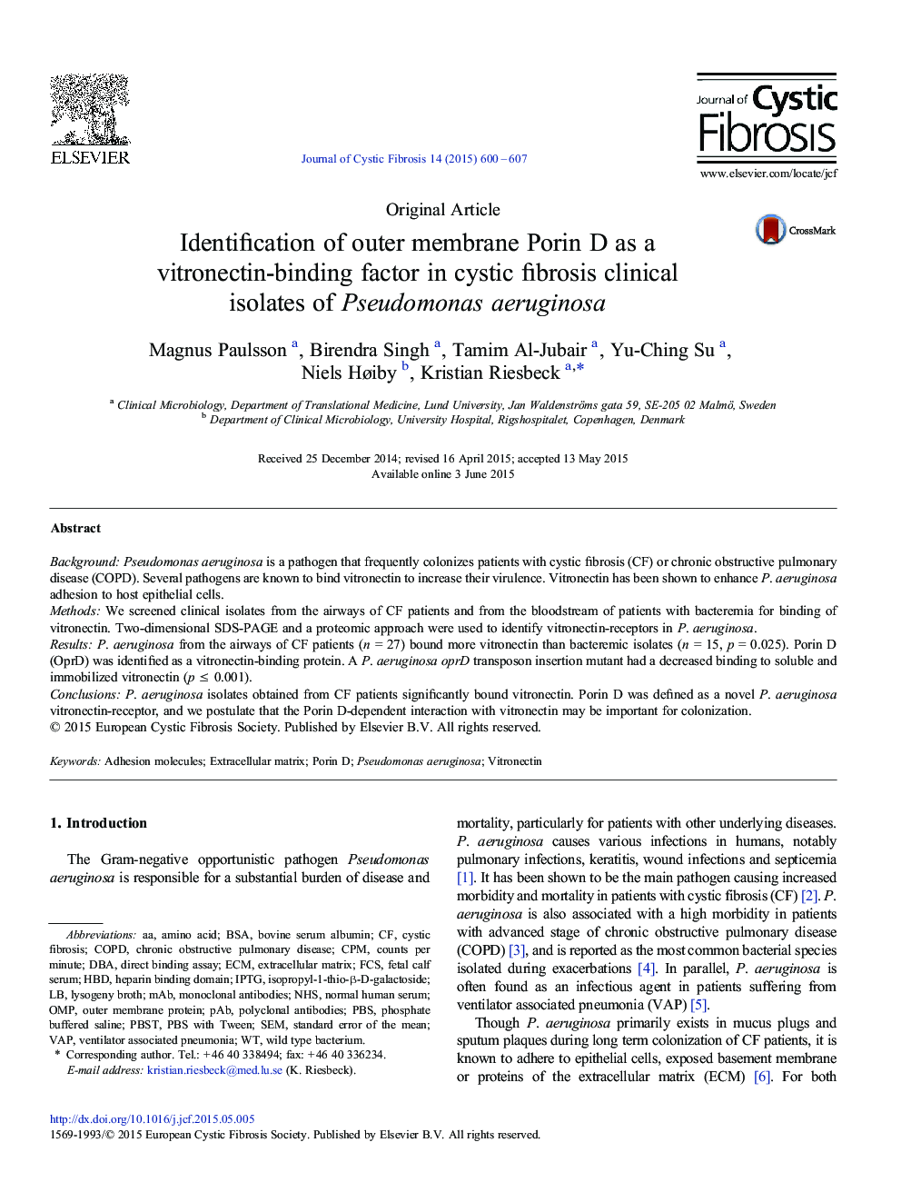Identification of outer membrane Porin D as a vitronectin-binding factor in cystic fibrosis clinical isolates of Pseudomonas aeruginosa