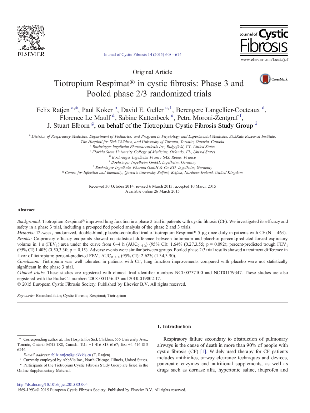 Tiotropium Respimat® in cystic fibrosis: Phase 3 and Pooled phase 2/3 randomized trials